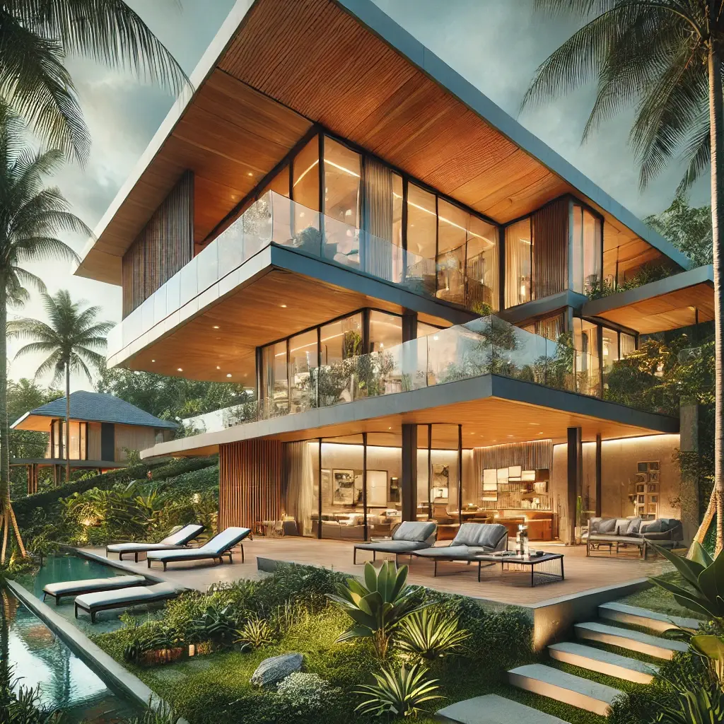 Dalle 2025 04 21 164435   a Breathtaking Modern Tropical style Home Exterior Inspired by Studio Saxe Architecture the Home Features Sleek Lines Large Glass Walls Floating R   Transforming Construction