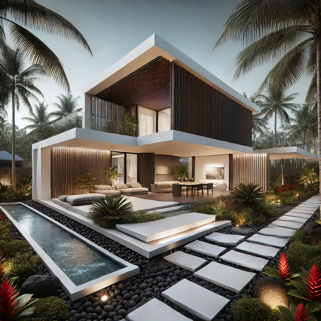Dalle 2025 04 21 165434   a Uniquely Modernized Tropical Villa Inspired by Studio Saxe but with a Distinct Twist the Villa Consists of Flat roofed Low profile Structures with   Transforming Construction