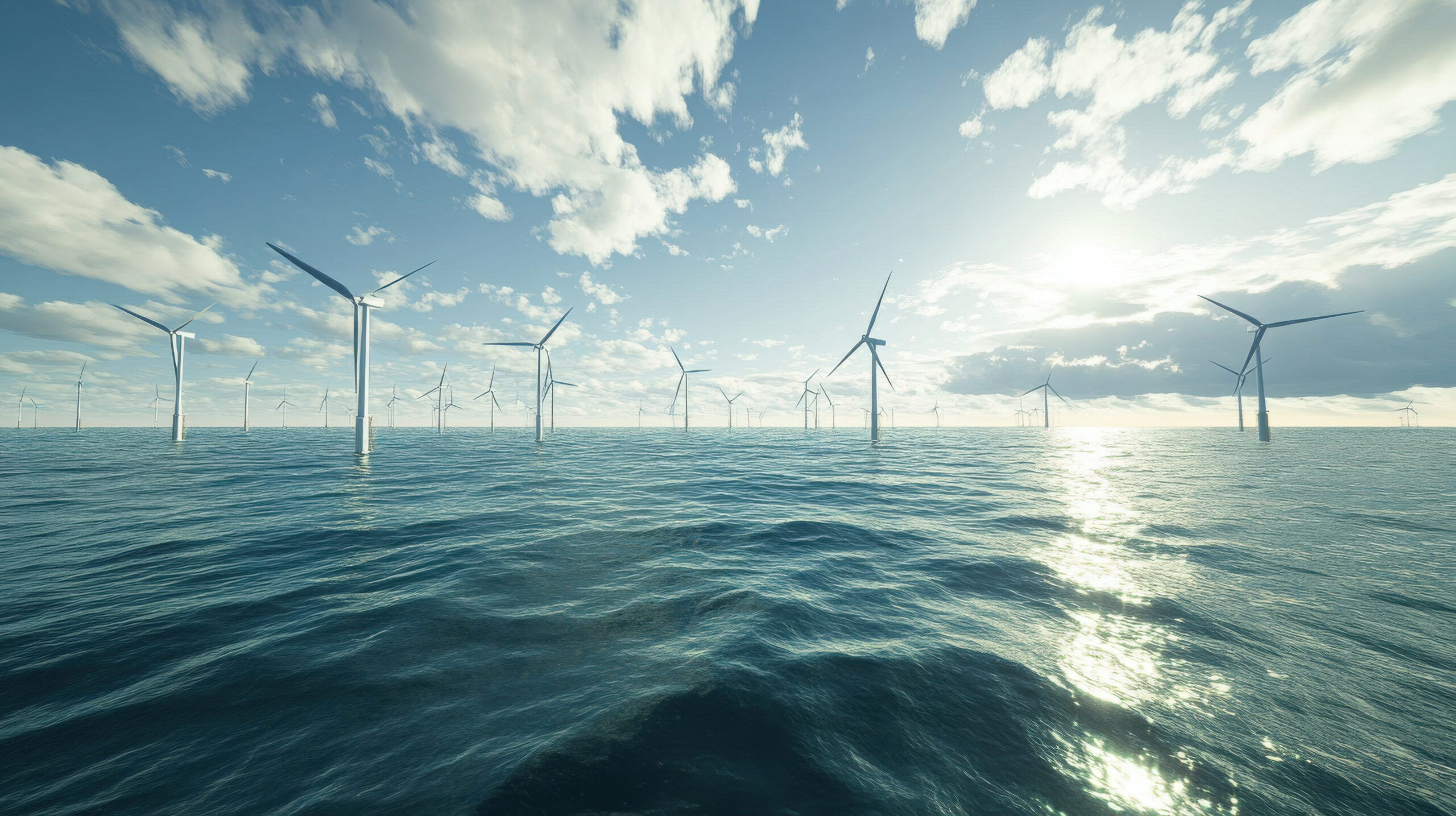 a Serene View of Offshore Wind Turbines in a Vast Ocean Under a Bright Sky   Water Desalination