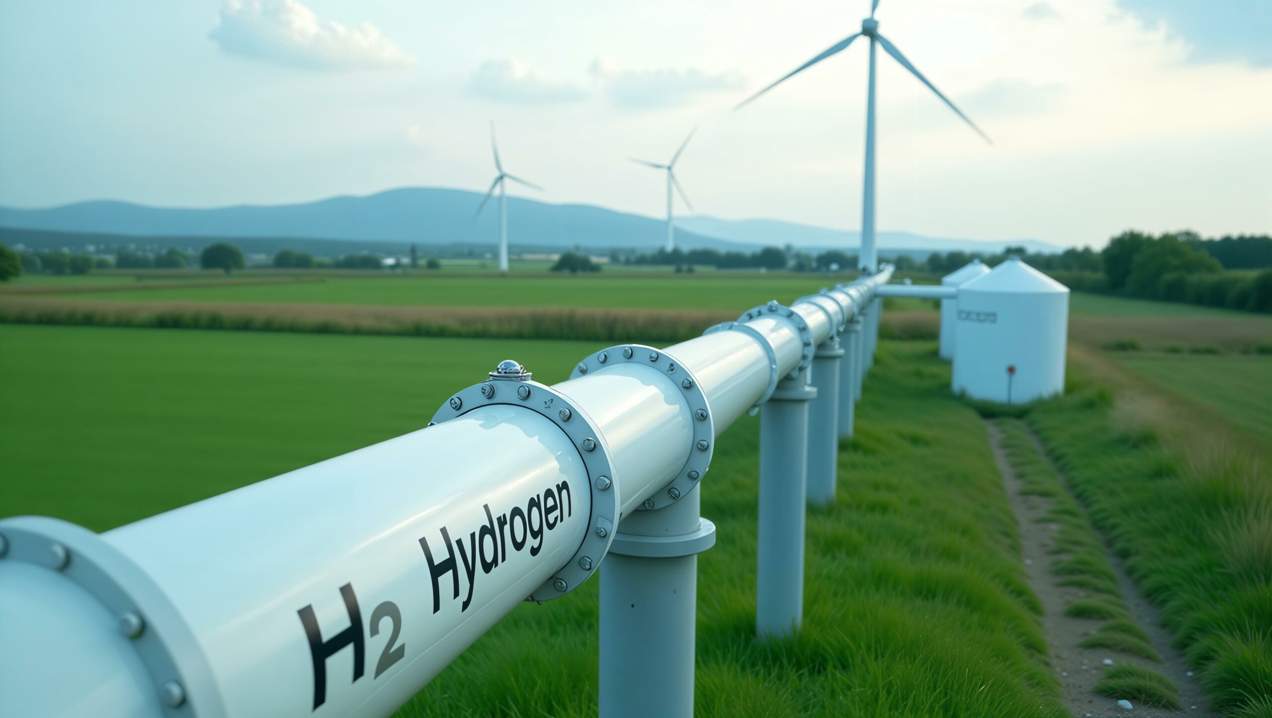 a White Hydrogen Pipeline and Wind Turbines on the Background Green Landscape in the Background Green Hydrogen Production Concept   Renewable Energy