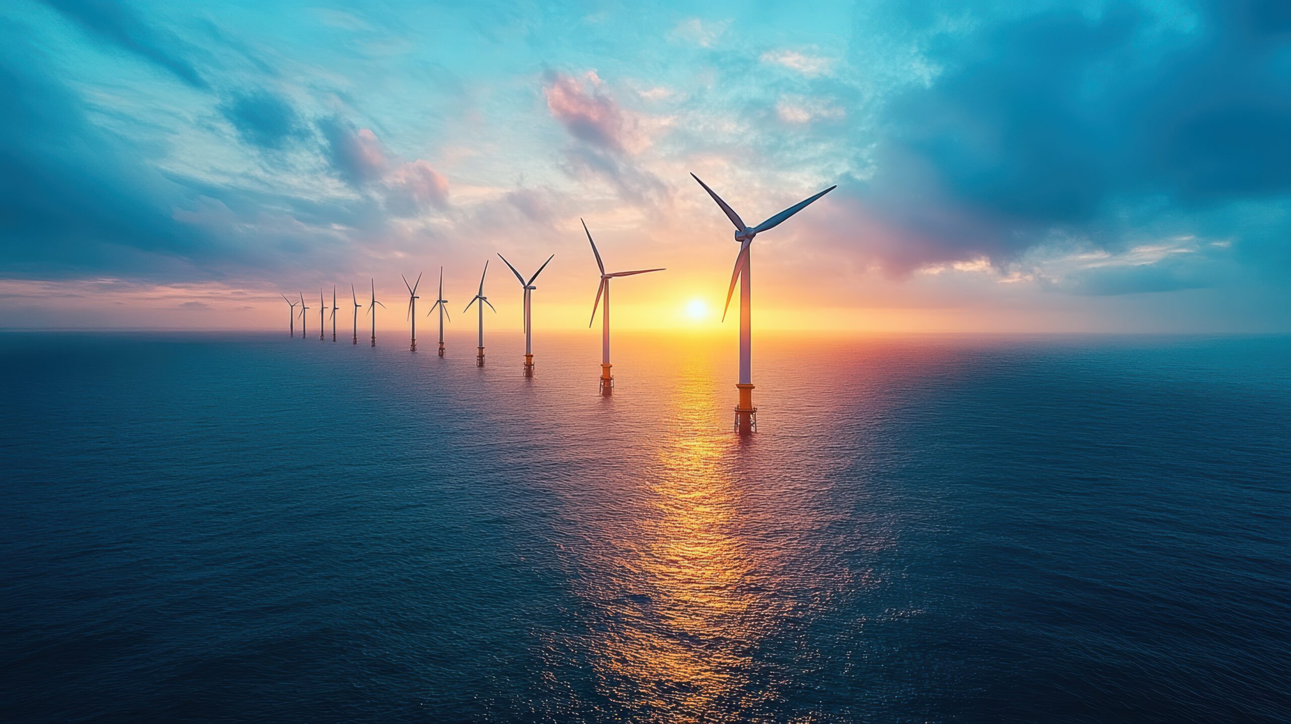 Wind Turbines Generate Renewable Energy at Sunset over the Ocean   Renewable Energy