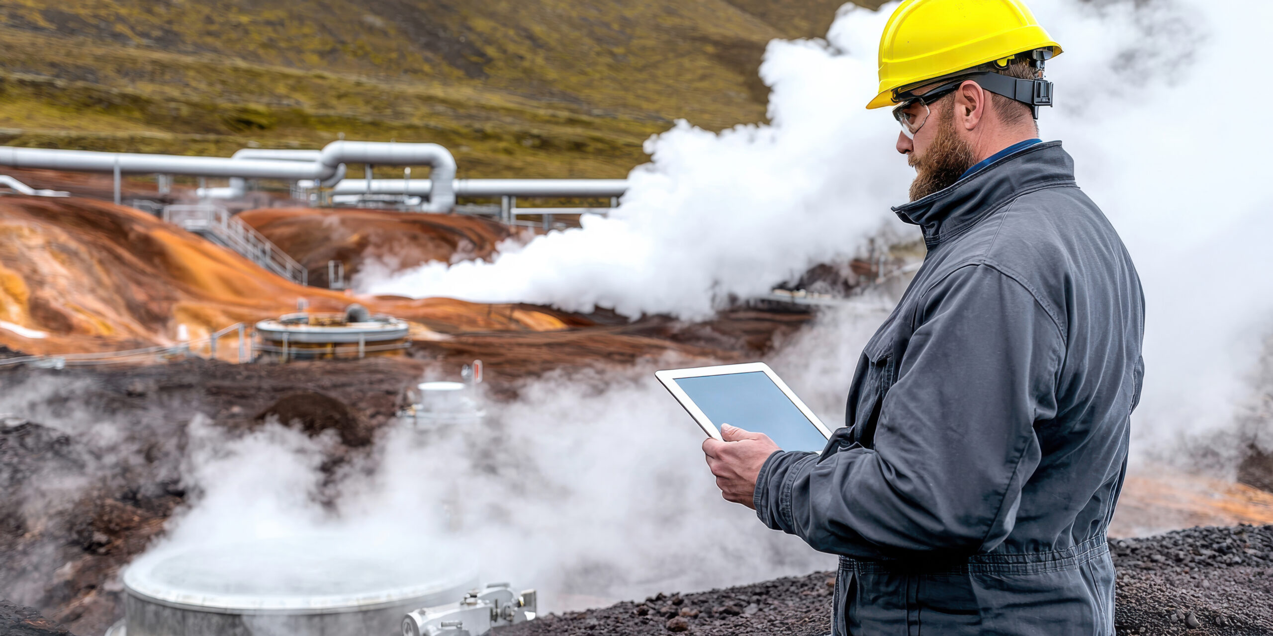 Geothermal Energy Concept a Worker in a Yellow Hard Hat Examines a Tablet in a Geothermal Power Plant Surrounded by Steam and Industrial Equipment   Renewable Energy