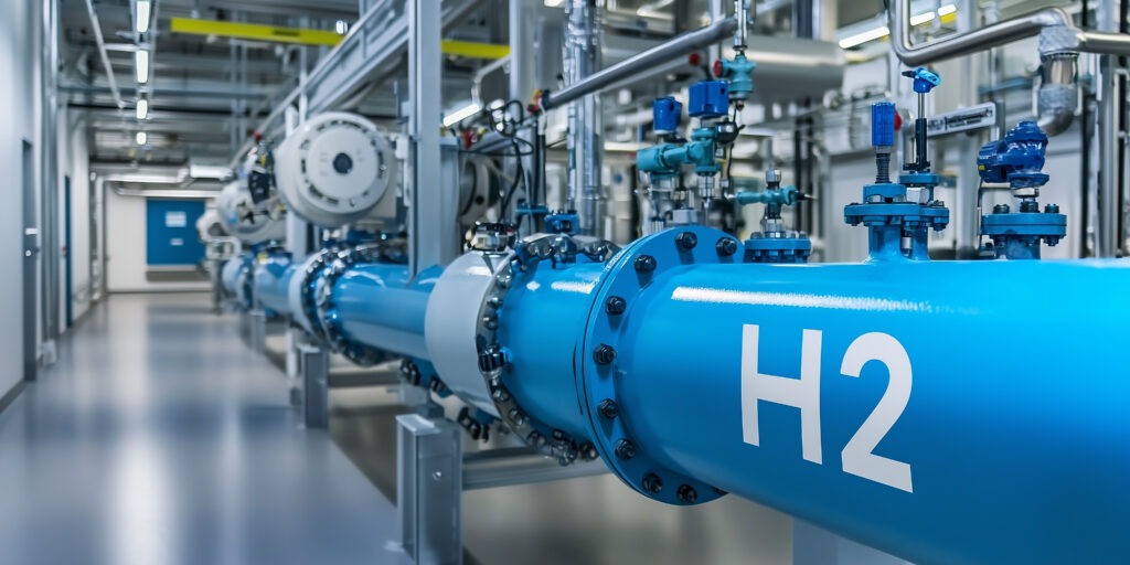 Blue Industrial Pipes in a Modern Facility with Clear Labeling of H2 and Complex Infrastructure for Energy Applications and Efficiency   Hydrogen Energy by Mystic