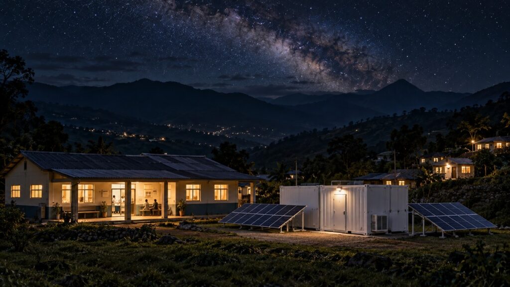 Mystic Energy in a Box™ powering a rural health clinic in the Central American highlands at night, its windows lit while the valley is dark