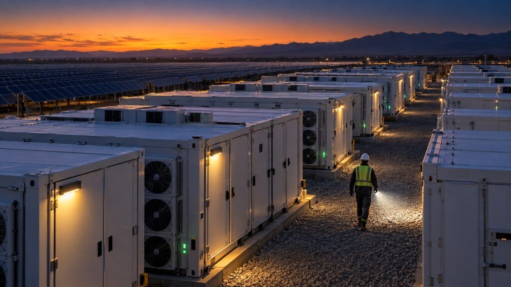 Rows of matte-white battery storage containers at a solar-plus-storage site at dusk, a technician walking between them with a flashlight