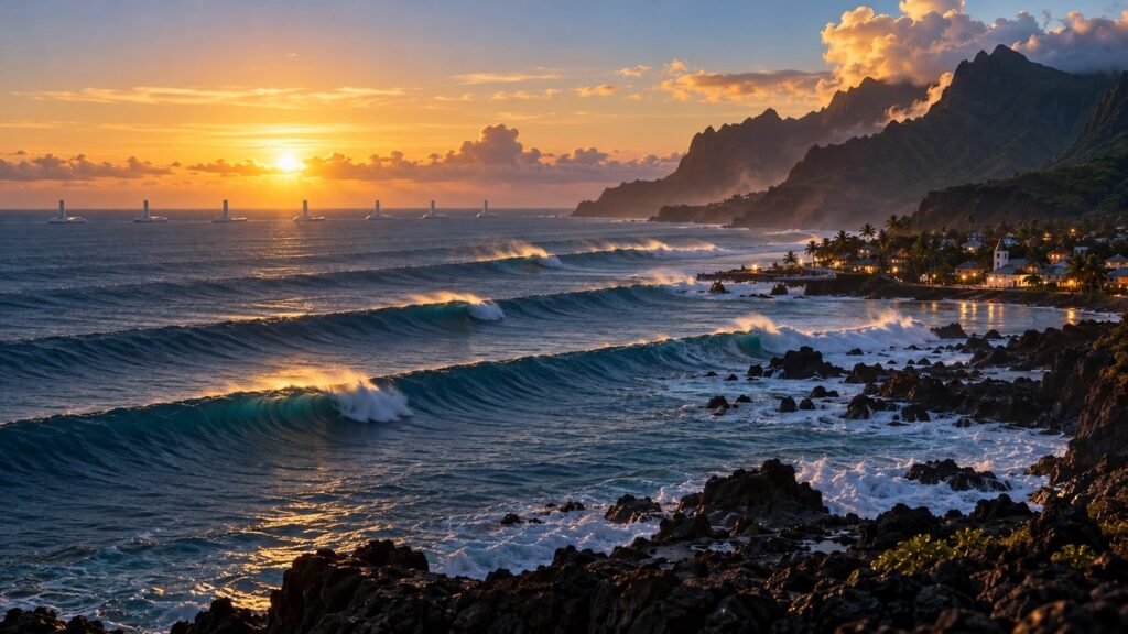 Pacific swell lines rolling toward a volcanic island coastline at dawn, town lights still on at the waterline