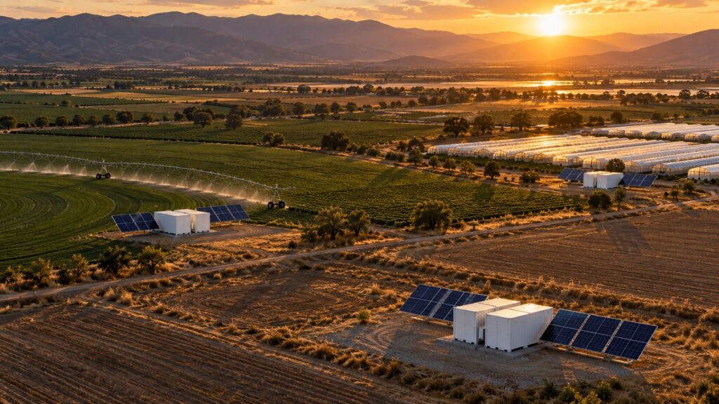 Aerial view of a farming valley at golden hour with several Mystic two-container power nodes in different fields, solar wings unfolded