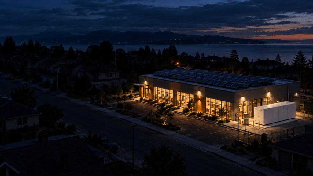 Commercial building with rooftop solar and storage, the only lit building on its street during a neighborhood power outage at blue hour