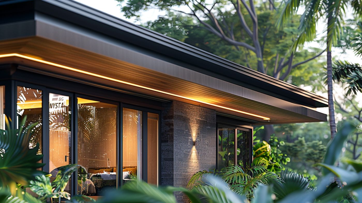 Close detail of a Mystic home: steel frame, stone-clad wall and large glazed doors against the jungle