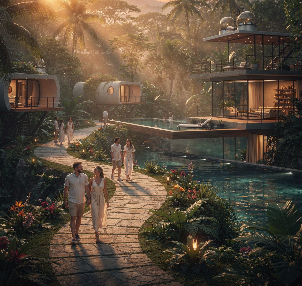 Residents walking a stone path from the village toward the Mystic Preserve homes at sunset