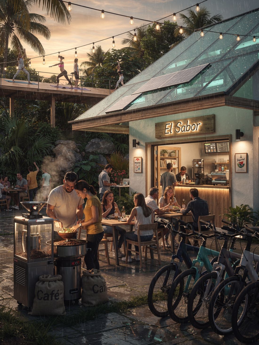 Evening at El Sabor, the village soda: residents at tables under string lights, coffee roasting, e-bikes parked nearby
