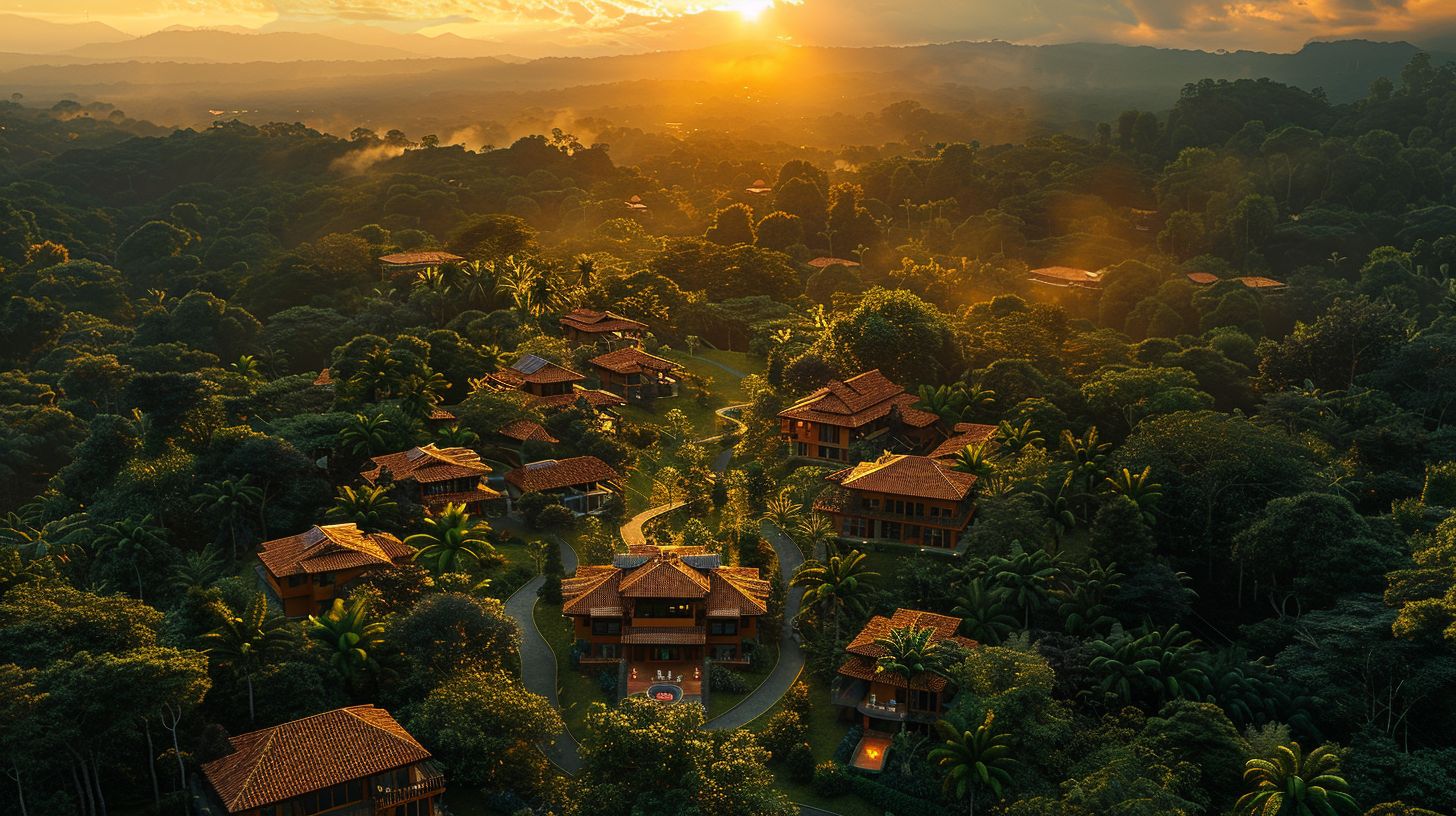 Golden-hour aerial view of the Tierra de Prueba (Costa Rica Dreamin') village: modular homes among dense Osa rainforest canopy, with the Monsoon Lounge glowing at the center