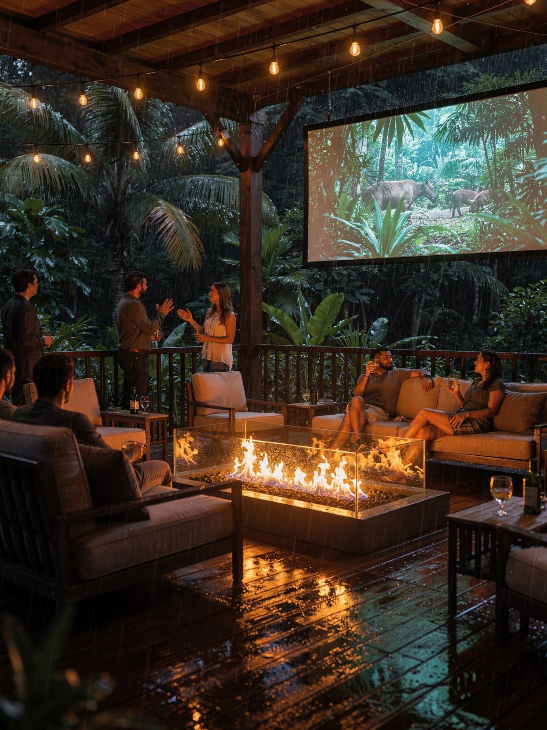 The Monsoon Lounge at night in the rain: residents around a glass-enclosed fire pit beneath a large screen showing a live jungle feed