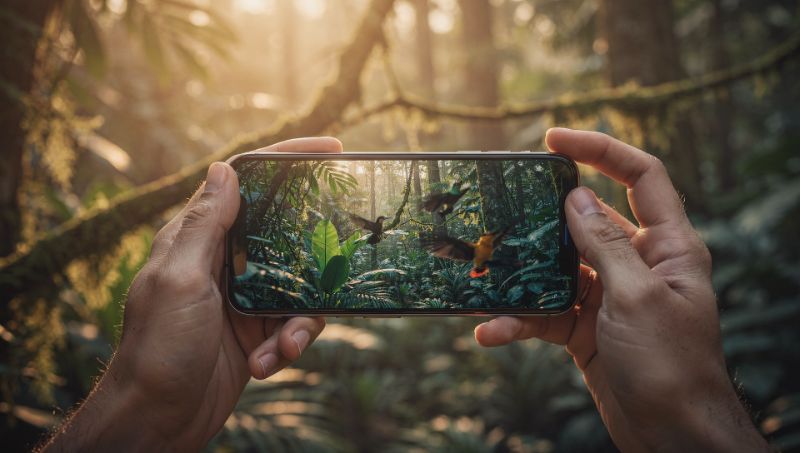 Hands holding a phone showing a wildlife clip filmed in the jungle