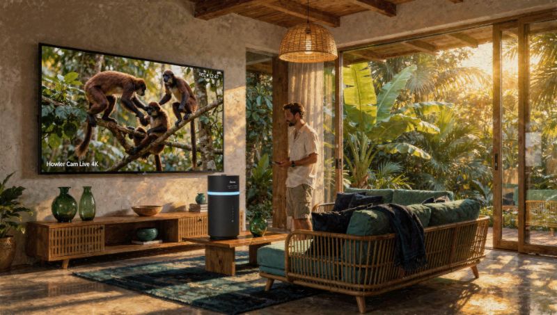 A resident at home with a live feed of howler monkeys on the wall screen