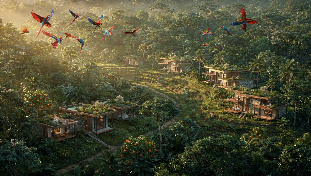 Homes spreading through the jungle with wildlife corridors and scarlet macaws overhead