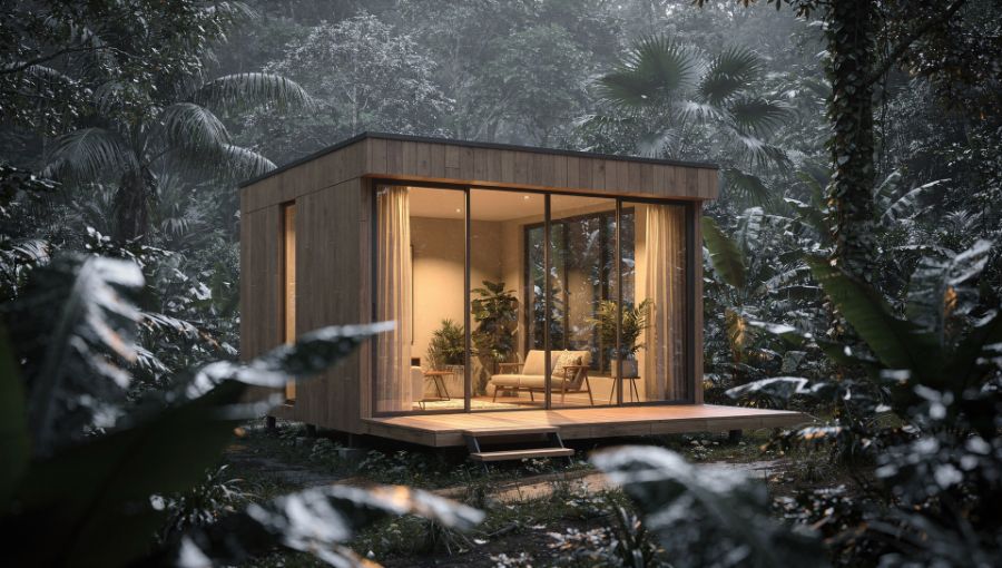 Compact glass-fronted loft lit warmly among jungle foliage