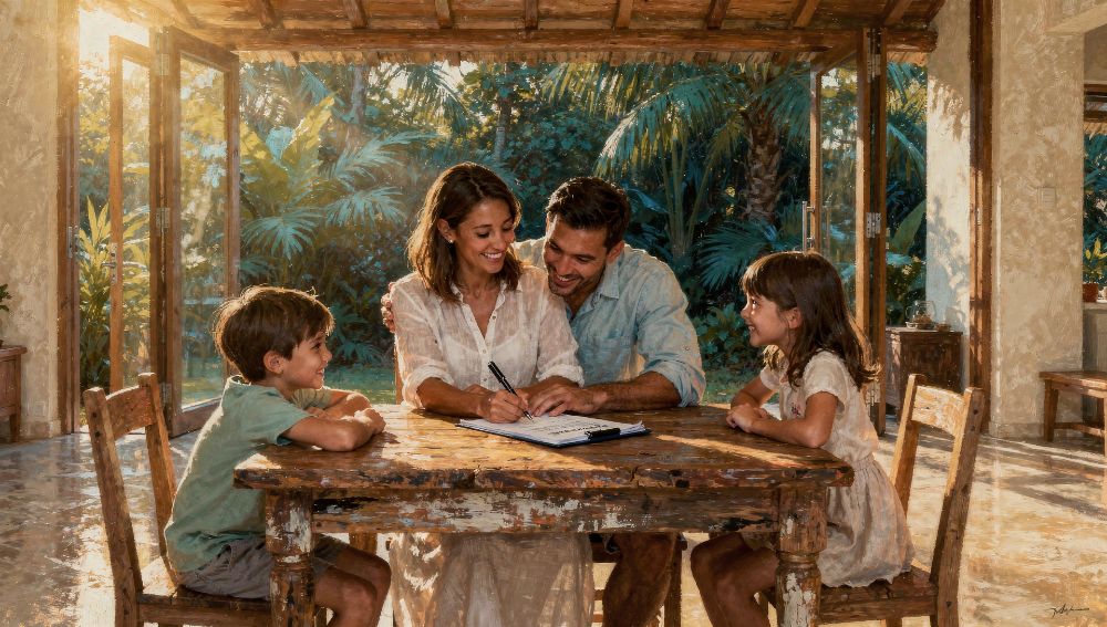 A family signing ownership papers at a rustic table in an open-air jungle home
