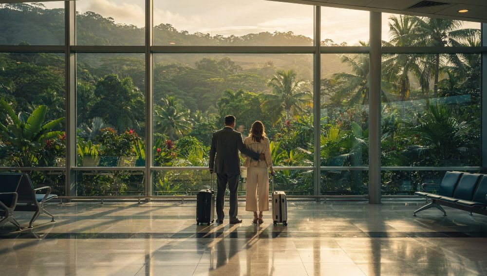 A couple with luggage at an airport departure gate, looking back through tall windows at the Costa Rican jungle