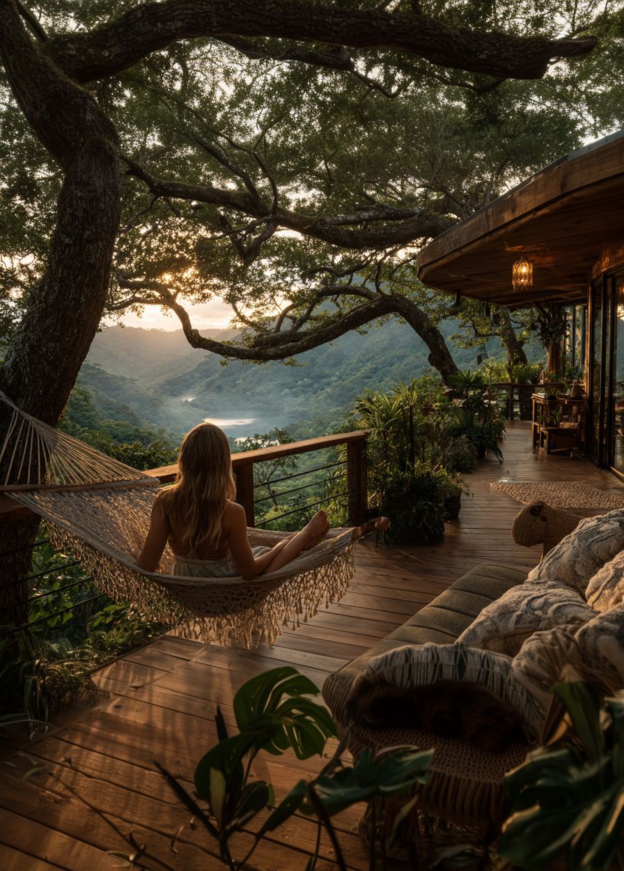 A resident in a hammock on a jungle deck at golden hour, looking out over forested valleys